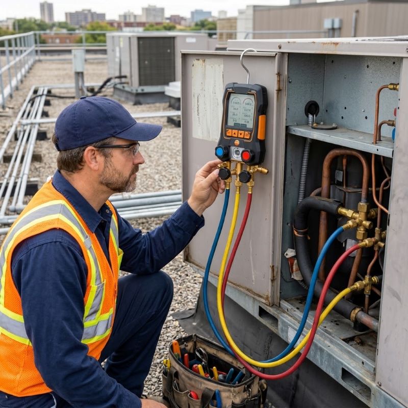 testo 558s digital manifold rooftop AC unit check
